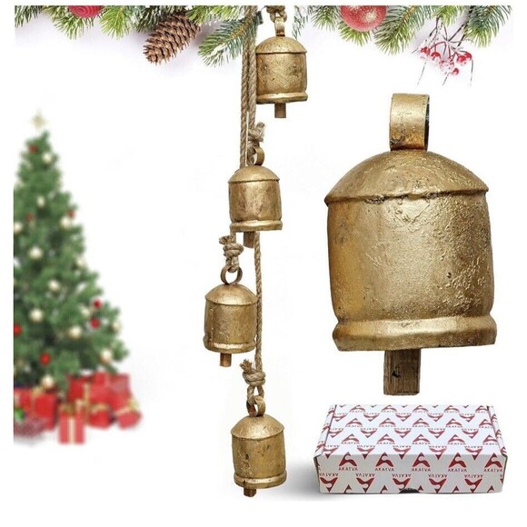 Rustic Tin Metal Cow Bells on Rope Wooden Clapper Christmas Decoration NEW!! - Picture 1 of 11